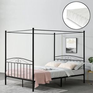 Metalen hemelbed Florent - Zwart - Met matras - 180x200 cm - Staal en koudschuim - Klassiek design