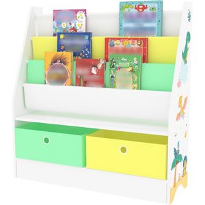 Kinderboekenkast Jetty - Opbergkast - 74x71x23 cm - Dinosaurusmotief - Spaanplaat en stof