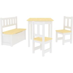 Kindertafel Blandine - Met 2 Stoelen en 1 Bank - Hout en Wit - Grenen en MDF - Voor meisjes - Voor jongens