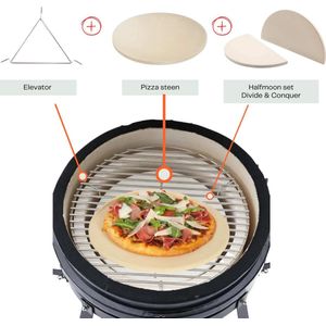 Kamado Accessoire set - 22 inch - 4-delig - Premium - Universeel - met RVS houder/verhoger - met cordieriet pizza steen - met 2 halve maan stenen