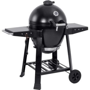 Gietijzeren Kamado 21 inch Grillchef by Landmann - Met grilloppervlak Ø 50 cm grillwagen met 2 zijtafels in zwarte hamerslagoptiek | poedercoating, verchroomd, porselein geëmailleerd - Houtskoolgrill - Met thermometer - Dubbelwandig - BBQ Egg