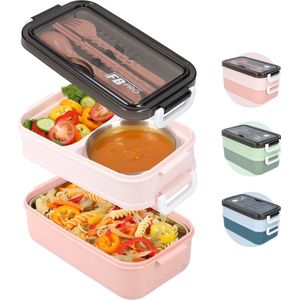 Bento Box Lunchbox Met Soepkom - Voor Volwassenen en Kinderen - Met Vakjes, Luchtdicht en Lekvrij - BPA-vrij (Roze)