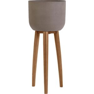 Bloempot Anco sandstone lichtgrijs 36,5 ⌀ met acacia houten poten L 36,5 x B 36,5 x H 86 cm - voor binnen en buiten - met zelf te boren Afwateringsgat - Bloempotten terracotta - Plantenbak - Plantenpot