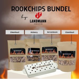 Rookchips bundel by Landmann met rookbox - met Hickory - met Eikenhout - met Kersenbooomhout - met Elzenhout - Rooksnippers -Rooksmaak - Rookplank
