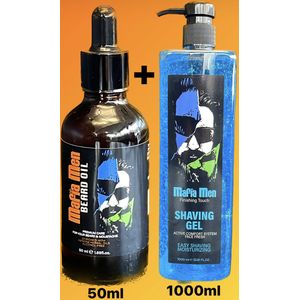 Mafia Men -Baard olie + Scheergel Finishing Touch 1000ml - Beard oil - 50 ml effectief tegen huiduitslag en haaruitval +Mafia Men Scheergel Finishing Touch Gummy 1000 ml / 1 Kg Professioneel en Thuis gebruik