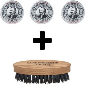 Captain Fawcett Private Stock Moustache Wax 15ml x 3 + Wild Boar Bristle Moustache Brush CF. 957