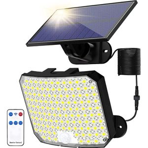 Solar Buitenlamp met bewegingssensor, 118 LED solar Wandlamp en afstandsbediening Solar lampen IP65 waterdicht, 180° lichthoek solar wandlamp met 5M kabel