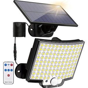 Solar Buitenlamp met bewegingssensor, 106 LED solar wandlamp met bewegingsmelder, IP65 waterdicht, 120° lichthoek, solar wandlamp voor tuin met 5m kabel