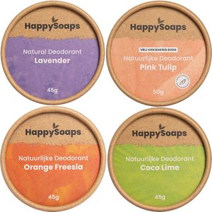 4x HappySoaps Natuurlijke Deodorant Lavendel - Orange Freesia - Pink Tulip - Coco Lime (1 jaar voorraad)