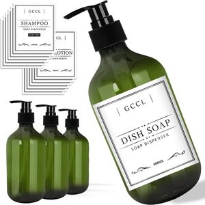 4 stuks 500 ml zeepdispenser flessen, lege plastic pompdispenser voor lotion, douchegel, shampoo en conditioner, vloeibare zeepdispenser met waterdichte etiketten voor badkamer, keuken, hotel (groen)