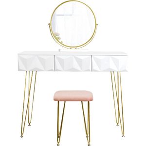 Velox Kaptafel - Make-Up Tafel - Kaptafel Set met Spiegel - 360° Draaibare Make-Up Spiegel - 3 Lades - Fluwelen Kruk - Wit/Grijs