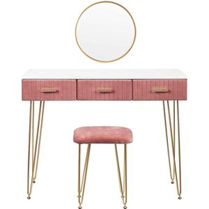 Velox Roze Kaptafel met Spiegel en Krukje - Make up tafel - Spiegel met opbergruimte - Fluweel Roze - Slaapkamer accessoire