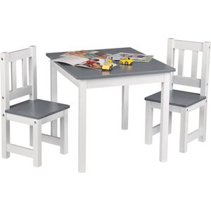 Kindertafel en 2 Stoeltjes - Kindermeubel, Tafel, Tafeltje - voor Peuter, Kleuter & Kinderen - Hout - Grijs + Wit