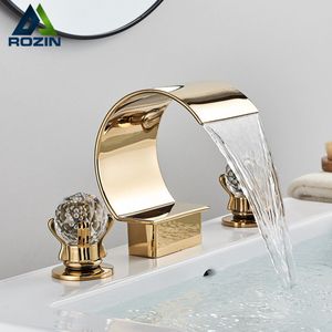 Heldere Gouden Waterval Wastafel Kraan Luxe Kristal Handvat Wijdverspreide Badkamer Wastafel Mengkraan Bad Mixers Kraan