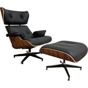 Meubi Lounge Chair met hocker - XL - Zwart - Italiaans leder - Fauteuil - Stoel - Palissander - Set