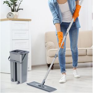 Vlakke Vloer Mop En Emmer Set Voor Professionele Huis Vloer Schoonmaak Systeem Met Wasbare Microfiber Pats Voor Hardhout