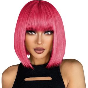 Velox Damespruik – Pruiken Dames - Hair Wig – Haarstuk – Wasbaar – Kambaar – Hoge Kwaliteit – Dames Haar – Kort – Roze
