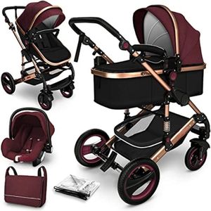 Kinderwagen 3 in 1 - Babywagen 3 in 1 - Wandelwagen - Kinderwagen 3 in 1 Incl Autostoel - Bourgondië / Koper Goud