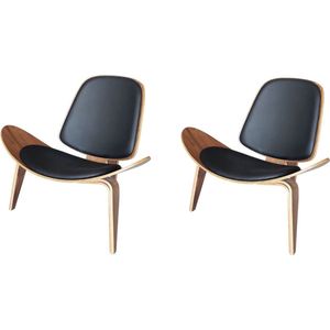 Shell Chair - Walnoot - Zwart Leder - CH07 - Set van 2