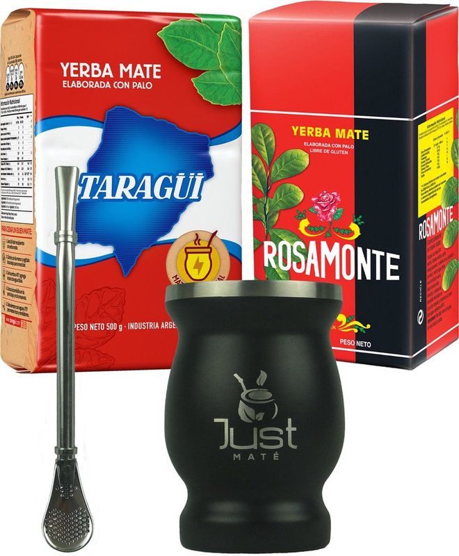 Yerba Mate Startersset Modern - 2x 500g, RVS Maté Thee Beker + Traditionele Bombilla - Kies uit 3 Smaken en 4 Kleuren (Tradicionale, Zwart)