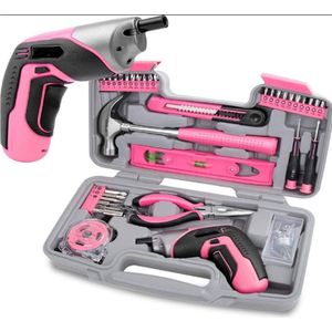 Velox 35-delige roze doe-het-zelf-gereedschapsset met oplaadbare USB-accuschroevendraaier. Voor reparaties en onderhoud in een praktische koffer - voor vrouwen en meisjes
