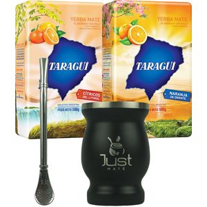 Yerba Mate Startersset Modern - 2x 500g Maté, RVS Kalebas (beker) + Traditionele Bombilla - Keuze uit 3 Smaken en 4 Kleuren (Fruitmix, Zwart)