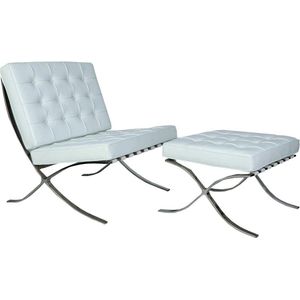 Barcelona Chair + Hocker - Wit - RVS - Set