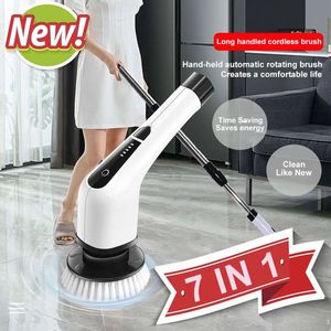 7 In 1 Elektrische Reiniging Turbo Scrub Borstel Multifunctionele Lange Steel Draadloze Spin Scrubben Reinigingsborstel Badkamer Accessoire