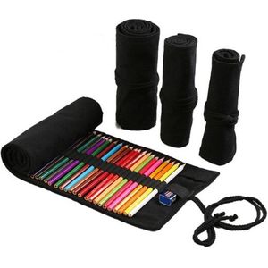 Roletui - Oprolbare Etui - Schooletui - Etui voor potloden, pennen, stiften, kwasten, make up - Canvas - Zwarte Etui - 23x12cm - 12 gaten