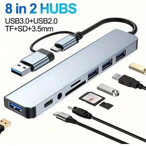 Ultieme Connectiviteit: 8-in-2 USB Hub met Kaartlezers, USB-C Poort, USB 3.0/2.0 en Docking Station - Computer