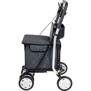 Boodschappentrolley-rollator met zitje, plooibare supermarkttrolley met 4 wielen met afneembare tas 29 l/15 kg en lade voor persoonlijke spullen, Lett800 Senior Comfort, grijs