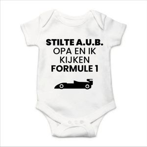Soft Touch Rompertje met Tekst - Stilte AUB, Opa en ik kijken Formule 1 - Zwart | Baby rompertje met leuke tekst | | kraamcadeau | 0 tot 3 maanden | GRATIS verzending