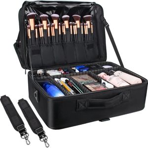 professionele tas voor visagisten, draagbare nagel-organizer, met verstelbare scheidingswanden, bevestiging op de trolley, ZWART-XL, 41.50 × 18.50 × 31.50 cm