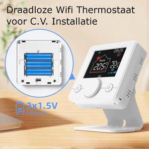 Slimme Draadloze Thermostaat met Draaiknop | 3x AAA of USB-C voeding| RF Ontvanger bij installatie met 90-240V voeding | Opbouw of Los Staand op Steun | C.V. Waterverwarming | Boiler | Wit | 3amp