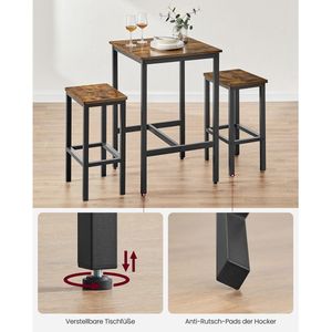 Eettafel - Hoge eettafel - Met 2 stoelen - Metalen frame - Houtenblad - Bruin zwart