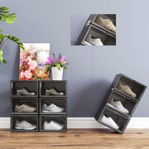 SONGMICS Schoenendozen, set van 6, stapelbare schoenenorganizer, kunststof dozen met doorzichtige deur, schoenenopslag, voor schoenen tot maat 46, 28 x 36 x 22 cm, zwart