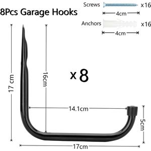 8 Pack Garage Storage Ladder Haken 17cm Heavy Duty Wandmontage Utility Hanghanger voor fiets, Ladder, Opvouwbare Stoelen en Volumineuze Items (17cm x 17cm)