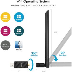 EDUP - WiFi en Bluetooth Adapter - WiFi en Bluetooth Dongle - Ultrasnelle 1200 Mbps WiFi en Bluetooth 4.1 - 6dBi Antenne - Dual band 2.4Ghz en 5Ghz