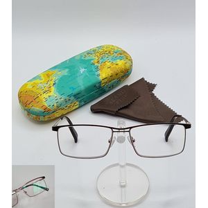Elegante leesbril +1,5 met brillenkoker en doekje / hoge kwaliteit / bruine montuur met anti-reflecterende lenzen / dames heren metalen bril en koffer wereldkaart / lunettes +1.5 / XM1216 C2 / Aland optiek
