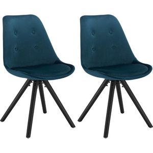 Bezoekersstoel Surendra - Eetkamerstoel - Blauw Velvet - Houten poten - Set van 2 - Zithoogte 46 cm - Deluxe