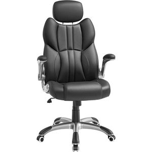 Bureaustoel - Computerstoel - Met hoofdsteun - Met opklapbare armleuningen - Lerenzitting - Zwart