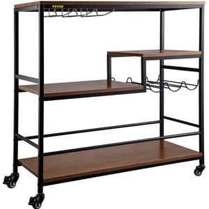 Bar Winkelwagen 90 x 40 x 95 cm Drankjes Trolley Bruin en Zwart Wijnrek Wielen met 3 Eiken Lagen, 4 Universele Wielen en 100 kg Laadvermogen Gebruikt in de Keuken, Woonkamer of voor Feest, enz
