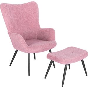 Fauteuil met hocker Liljana - Armleuning - Voetenbank Woonkamer stoel - Corduroy - Roze