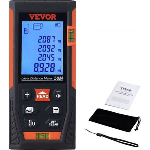 professionele laserafstandsmeter afstandsmeter (2"" LCD-display, oppervlakte, afstand, volume Pythagoras, max. meetbereik: 50 m, nauwkeurigheid: ±1,5 mm, 2x 1,5 V batterijen, beschermhoes)