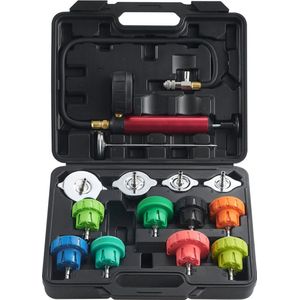 14-delige radiateurkoelvloeistofdruktesterset, druktester, koelwatervulapparaat, radiateurontluchtingsapparaat, koelsysteemtester inclusief thermometer, 4 metalen adapters en 8 testdoppen