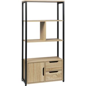 Boekenkast industrieel Alexa - 4 Lagen - Oak - 1 Deur en 2 Lades - Boekenrek - Woonkamer, slaapkamer en kinderkamer - Hout/Metaal - 58 x 24 x 120 cm