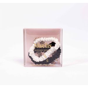 Maéhs Set van 3 scrunchies klein haaraccessoires - haarelastiekjes -100% moerbei zijde, kwaliteit 22 Momme - Kleur Ivory, zwart, champagne - cadeautip