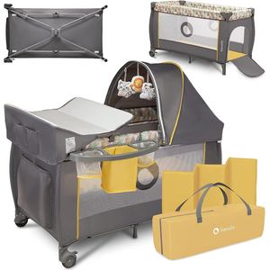 2 in 1 Kinder Reisbed met commode voor kinderen van 0 tot 15kg, Babybox 125x65x75cm, Schommelfunctie, Klamboe, Veiligheidsslot LockGuard, Praktische organizer, Hoogteverstelling