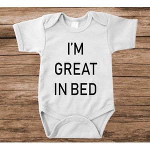 Soft Touch Rompertje met tekst - im great in bed | Baby rompertje met leuke tekst | | kraamcadeau | 0 tot 3 maanden | GRATIS verzending