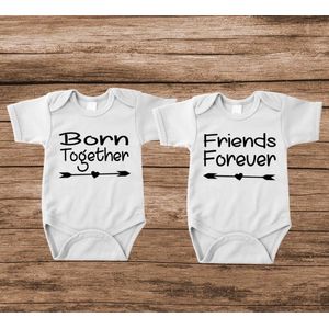 Soft Touch Rompertje met tekst - set Born together friends forever | Baby rompertje met leuke tekst | | kraamcadeau | 0 tot 3 maanden | GRATIS verzending